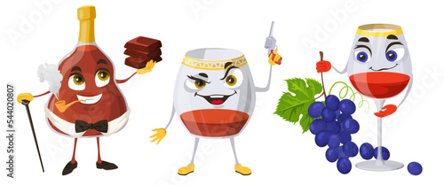 Wine and cognac kawaii character flat vector