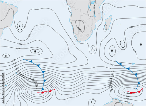 Imaginary weather map of southern Africa, Brazil and Antarctica