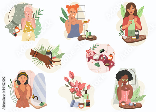 Set of women applying cleansing and moisturizing facial skin care products at home. Daily skin care with cleansing and moisturizing cream. Vector illustration.