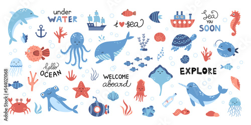 Vector cute set with sea animals, boats and lettering. Marine collection with whale, dolphin, octopus, narwhal, submarine and ships. Shells and algae. Inhabitants of the sea world in flat design.