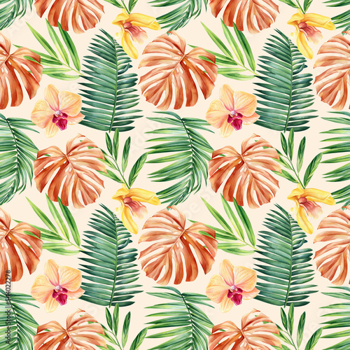 Tropical pattern. Jungle palm leaves and flowers watercolor painting © Hanna