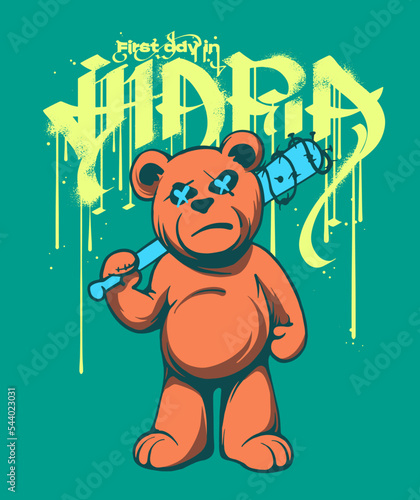 gangsta teddy bear with baseball bat illustration with custom typographic slogan print design