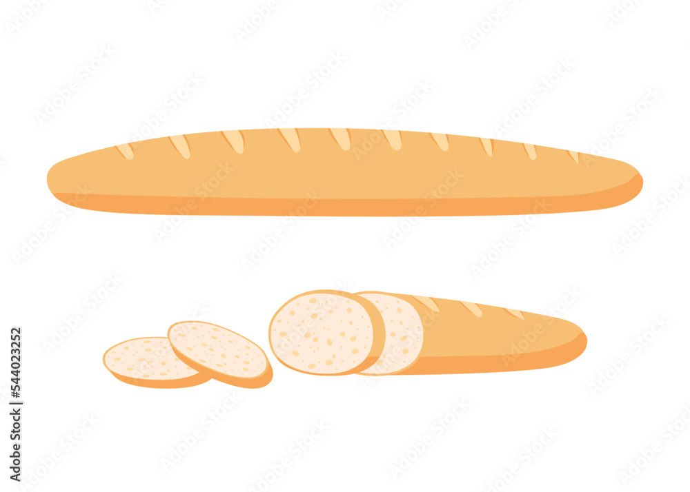 French baguette, pastry bread from wheat, bakery food. Long loaf with cut slice. Vector illustration French baguette, pastry bread from wheat, bakery food. Long loaf with cut slice. Vector illustration