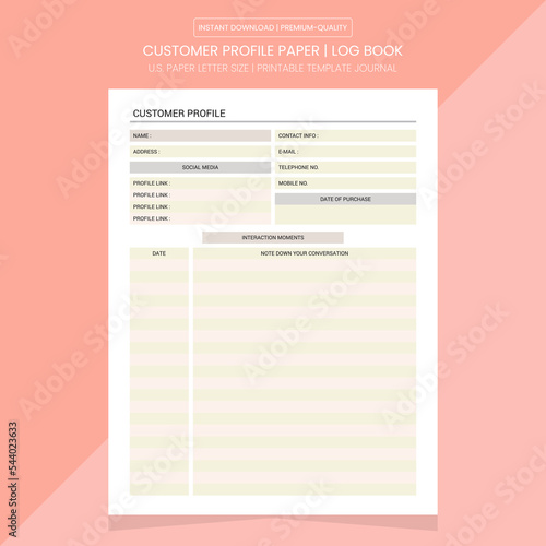 Customer Profile Paper Book | Customer Profile NoteBook Printable Template