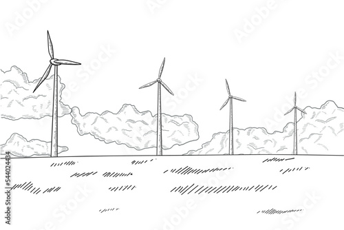 Vector Hand Drawn Wind turbine Towers with Cloudy Sky on White Background. Green Energy Concept Vintage Style Illustration. Wind Power Generators Field. Clean Energy Industry Ecology Concept Landscape