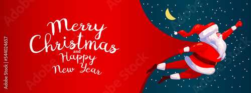 Santa Claus flying Superhero delivery huge bag of Christmas gifts. Merry Christmas banner