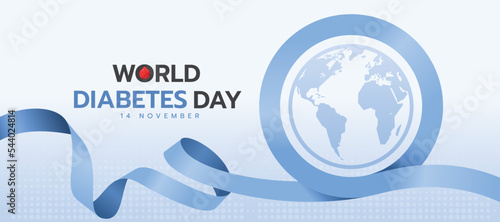 world diabetes day - blue ribbon wavung make roll blue circle ring sign and globe world sign vector design