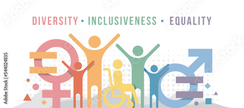 Inclusiveness, Diversity, Equality concept with abstract diversity people gender symbol and equal sign vector design