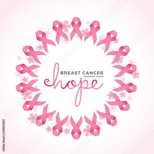 Hope, Breast cancer awareness month text in pink ribbons sign and flower around circle frame vector design