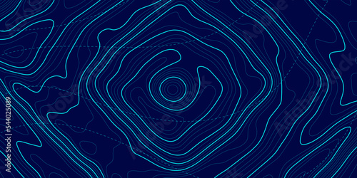 Topographic map on blue background. Geographic line map with elevation assignments. Contour background geographic grid. Vector illustration.