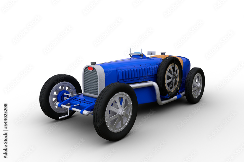 3D illustration of a vintage blue racing car isolated on transparent background.