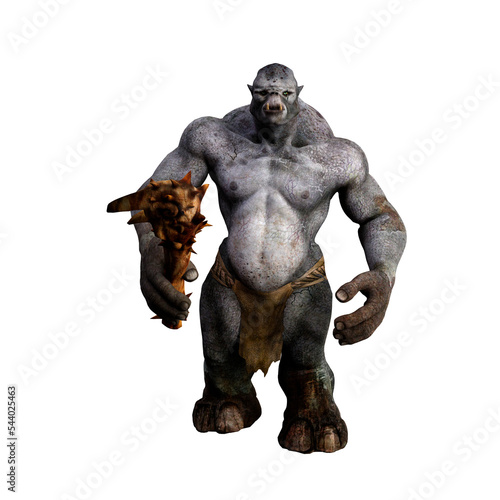 3D illustration of a fantasy mythical troll creature from Scandinavian folklore holding a large club weapon isolated on a transparent background.