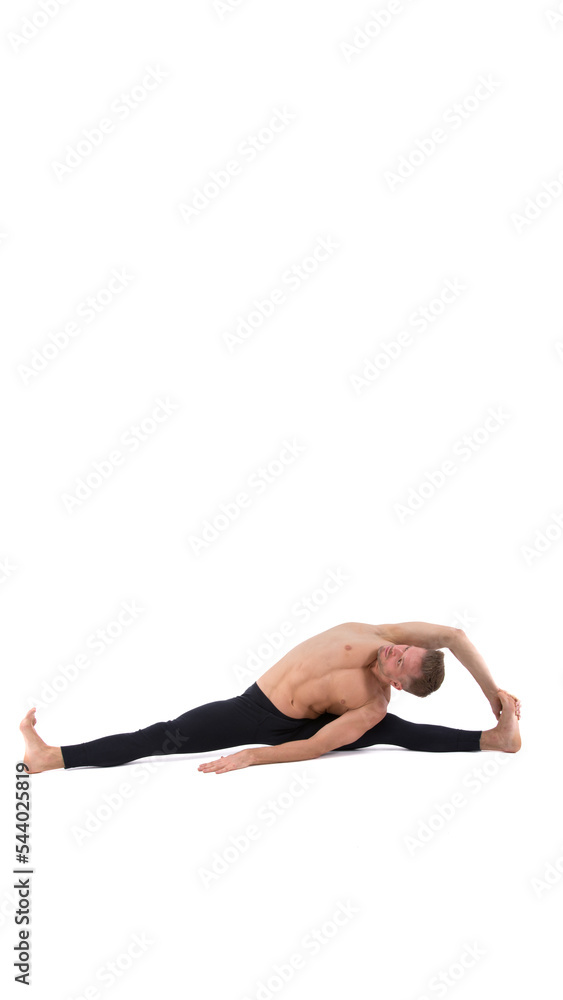 A cool stretch from an attractive athletic guy. White background. A cool stretch from an attractive athletic guy. White background.