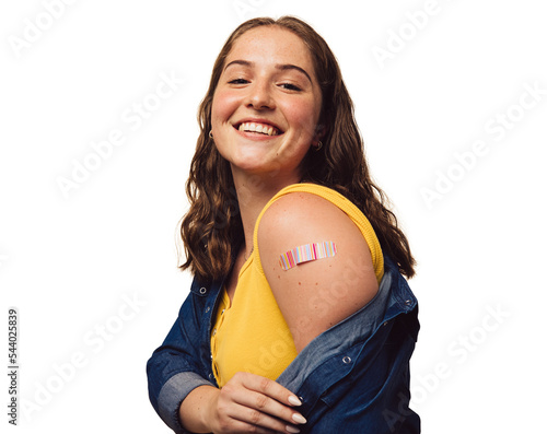 Leinwand Poster Vaccinated teenage girl smiling at the camera on a transparent background