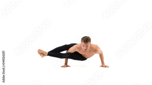 Street dancing, young attractive man posing on a white background.