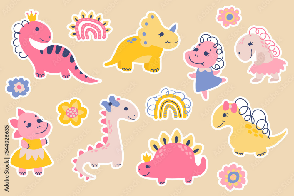 Set of cute dinosaur girls stickers. Draw style. vector illustration.