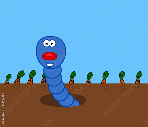 A smiling blue worm stirring up the soil in a vegetable field - illustration