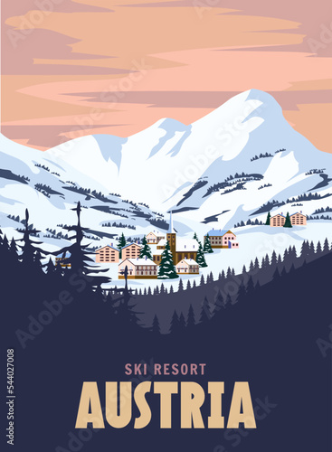 Austria Ski resort poster, retro. Alpes Winter travel card