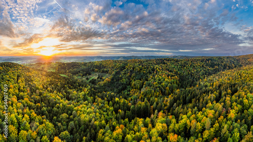 Germany, Baden-Wurttemberg, Drone view of Wieslauftal forest at autumn sunset