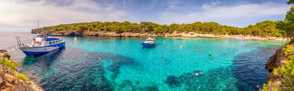 Spain, Balearic Islands, Menorca, Panoramic view of Cala Turqueta bay Spain, Balearic Islands, Menorca, Panoramic view of Cala Turqueta bay