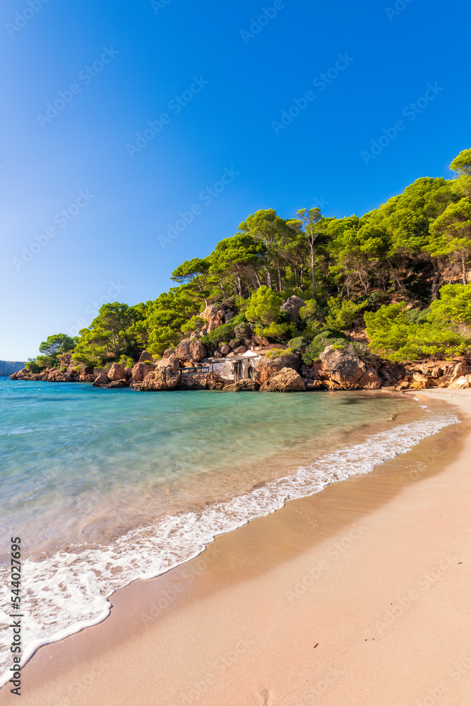 Spain, Balearic Islands, Menorca, Sandy shore of Platja des Bot beach Spain, Balearic Islands, Menorca, Sandy shore of Platja des Bot beach