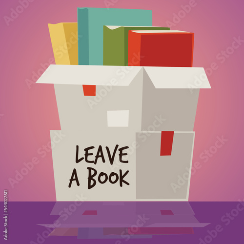 Cardboard box with books inside, bookcrossing concept - flat vector illustration.