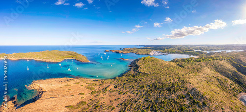 Spain, Balearic Islands, Menorca, Panoramic view of Colom Island and surrounding landscape in summer