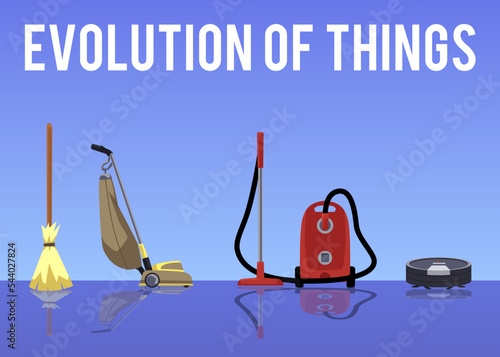 Vacuum cleaner evolution, from broom to robotic vacuum - flat vector illustration.