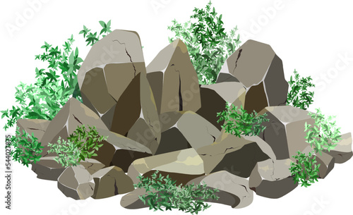 Coastal pebbles,cobblestones,gravel,minerals and geological formations.Rock fragments,boulders.Collection of stones of various shapes and plants, for computer games isolated on white background.