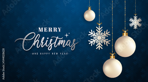 Merry christmas banner. Hanging glossy snowflakes and balls. Elegant xmas dark blue background. Suit for poster, greeting card, invitation, website, card, cover, flyer. Vector illustration
