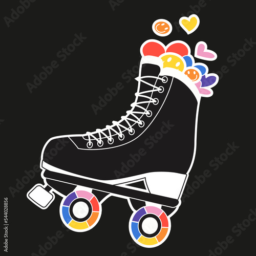 Cute retro roller skate sticker with rainbow wheels in a retrowave aesthetic. Girly y2k sticker, 90s and 2000s style