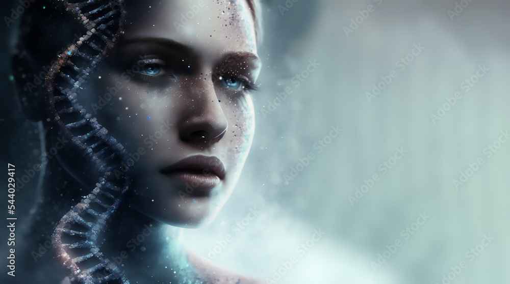 3D human and DNA model interconnection, post human concept, gene