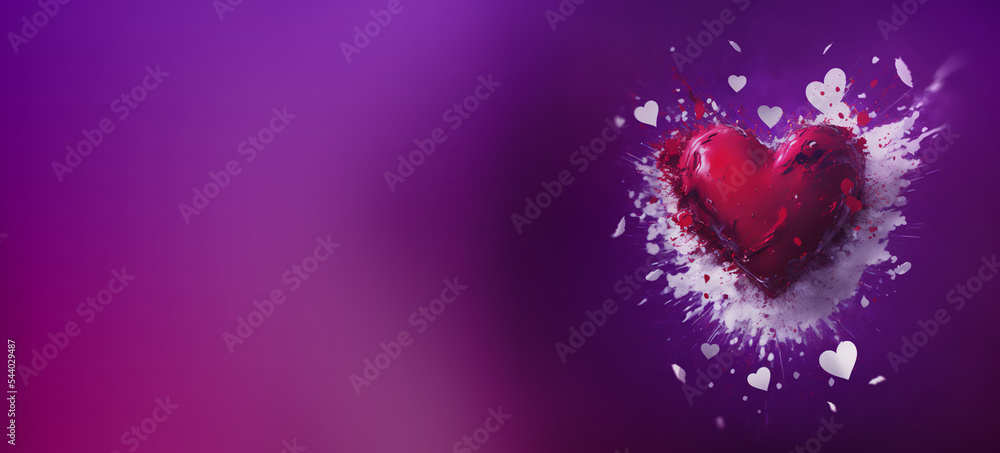 Valentine's Day colorful heart splashed with paint and copy space, vibrant strong love concept 3d rendering