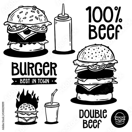 Hand drawn burger vector doodle. Hamburger sketch illustration for print, web and infographics.