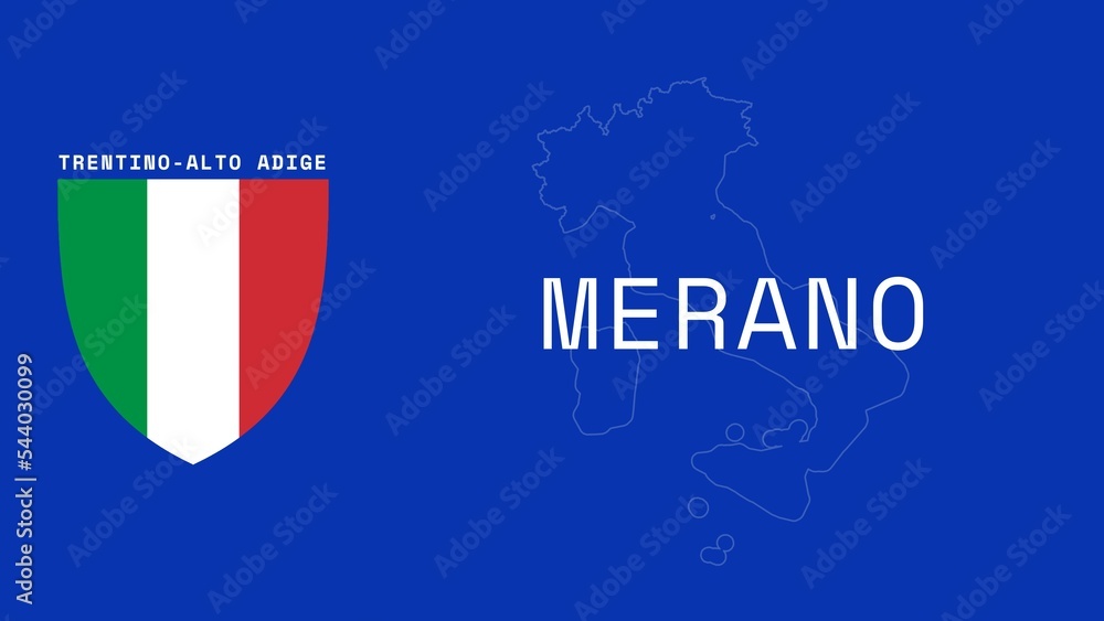 Merano: Illustration mit dem Ortsnamen der italienischen Stadt Merano in der Region Trentino-Alto Adige - obrazy, fototapety, plakaty 