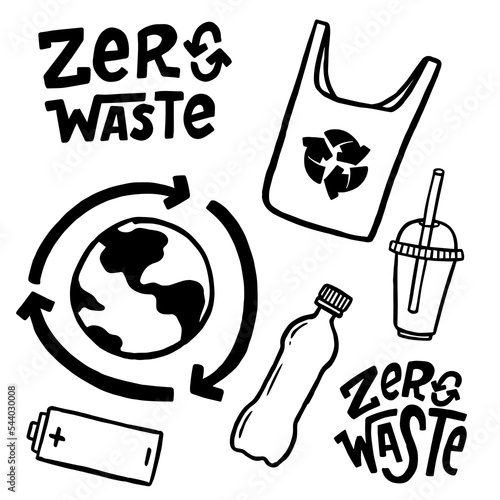 Set of Zero Waste and Eco illustration elements and handwritten letters.