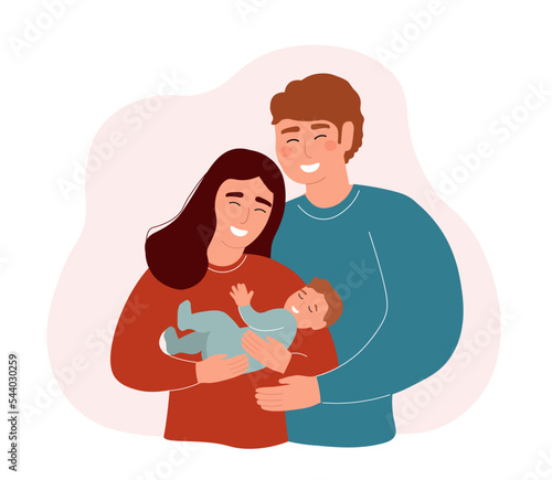 A mother with a baby in her arms and a father hugging. Happy loving family. Vector graphics.