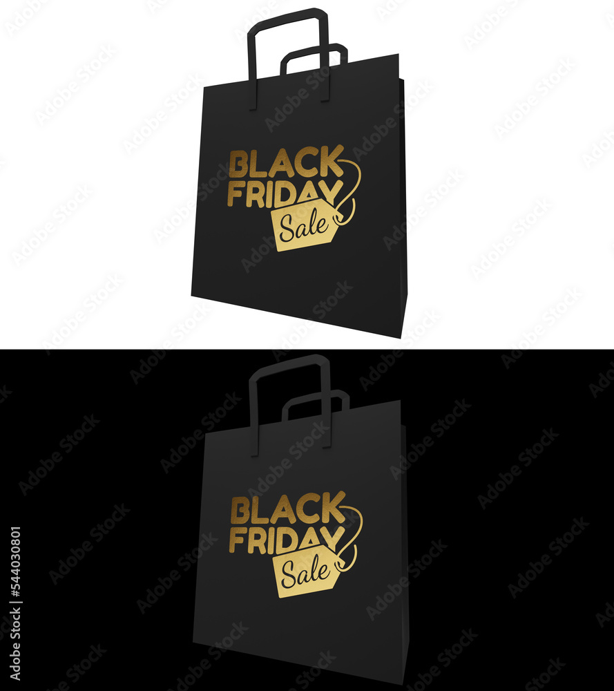 Golden BLACK FRIDAY SALE promotion text on Black Paper Bag. 3D render. Golden BLACK FRIDAY SALE promotion text on Black Paper Bag. 3D render.