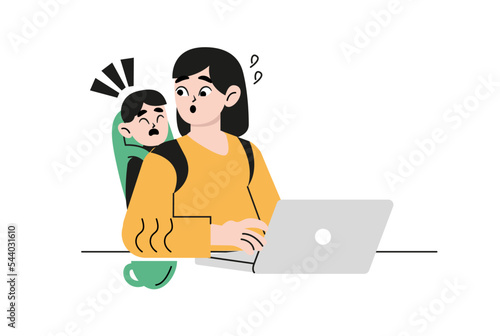 Illustration of child rearing. Thinking, absentmindedness, motivation, fatigue, fatigue, busyness, children, crying, telework. 