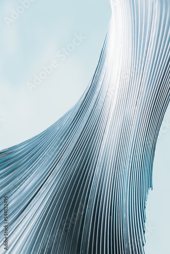 Ribbed texture. Monochrome wallpaper. Holographic art. Defocused blue white metallic color gradient light curved ridged steel abstract illustration copy space background.