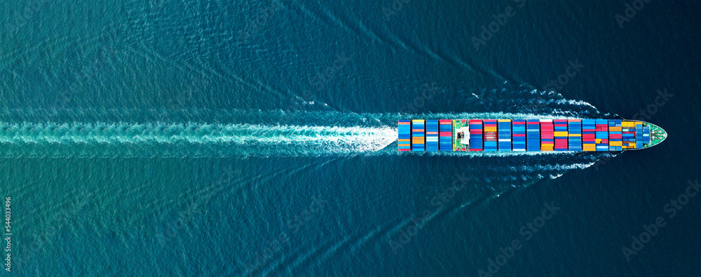 Cargo container Ship, cargo maritime ship with contrail in the ocean ship carrying container and running for export  concept technology freight shipping sea freight by Express Ship. top view - obrazy, fototapety, plakaty 