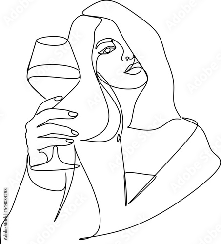 Girl drinks wine or champagne from a glass. Linear silhouette of a woman with a glass goblet. Drawing in one continuous line. Linear glamour logo in minimal for wine label.