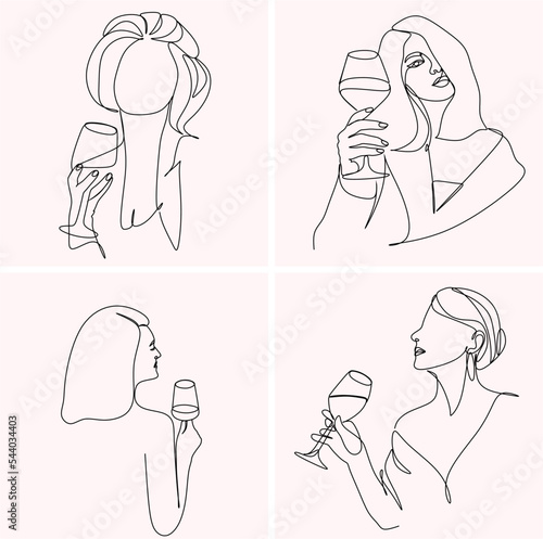 Girl drinks wine or champagne from a glass. Linear silhouette of a woman with a glass goblet. Drawing in one continuous line. Linear glamour logo in minimal for wine label.