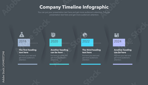 Business infographics with four steps for company milestones - dark version. Flat infographic design with minimalistic icons.