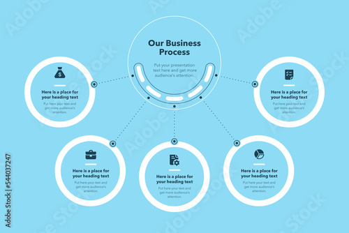 Simple business process template with five steps - blue version. Easy to use for your website or presentation.
