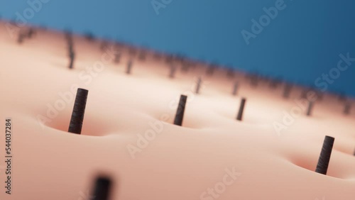 3d rendering, animation of hair removal from the root, hair follicle, hair removal. Application of the substance cream, wax, hair removal skin and restore skin
