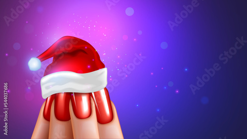 Nail design on Christmas celebration. Close up nails in small red hat of Santa. New year and happy Christmas card banner of sale manicure salon. Beautiful woman hand with extensions red color nails.
