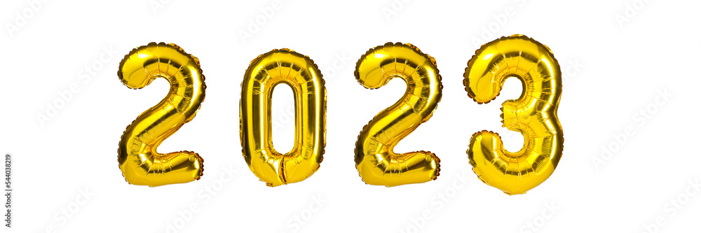 New Year 2023 celebration. Golden Yellow foil color balloons. 2023 balloons. Isolated white background. Party, greeting card, Advertising, Anniversary. New Year 2023 celebration. Golden Yellow foil color balloons. 2023 balloons. Isolated white background. Party, greeting card, Advertising, Anniversary.