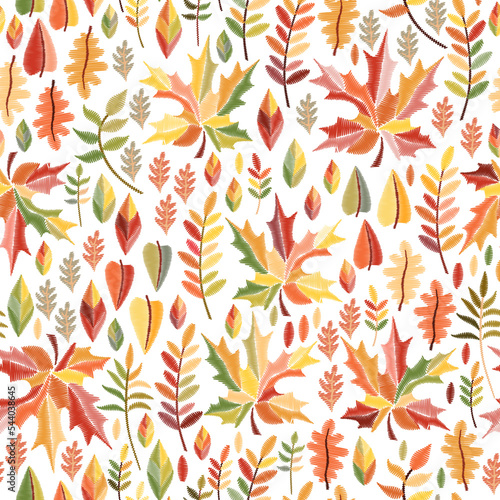 Embroidery seamless pattern with colorful autumn leaves on white background