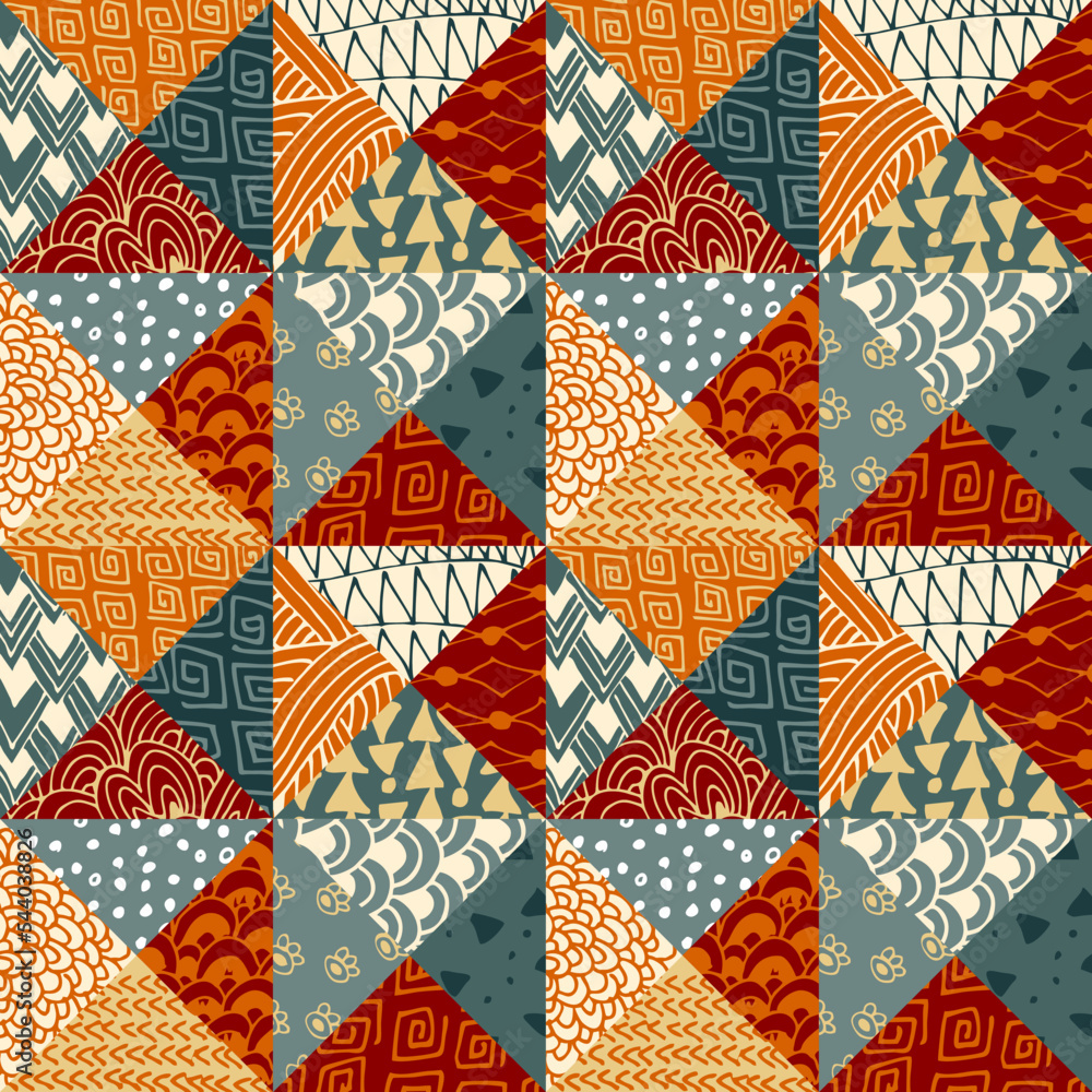 Seamless patchwork pattern from triangle ornamental patches. Vector illustration. Quilt design. Seamless patchwork pattern from triangle ornamental patches. Vector illustration. Quilt design.